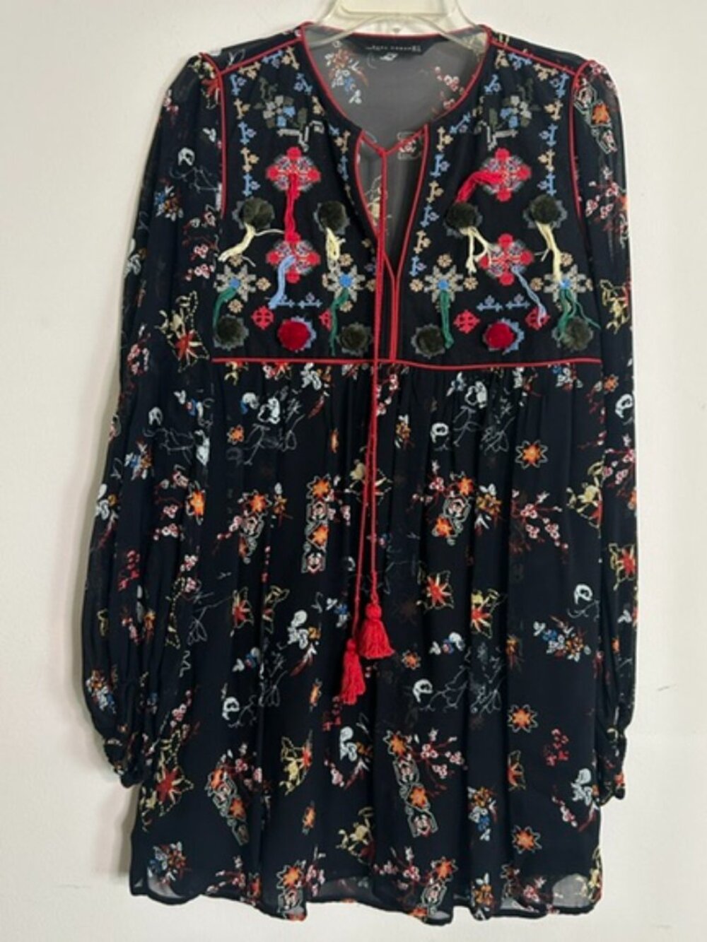 Zara Woman Embroidered Floral Black BoHo Lined Relaxed Tunic Mini Dress NEW